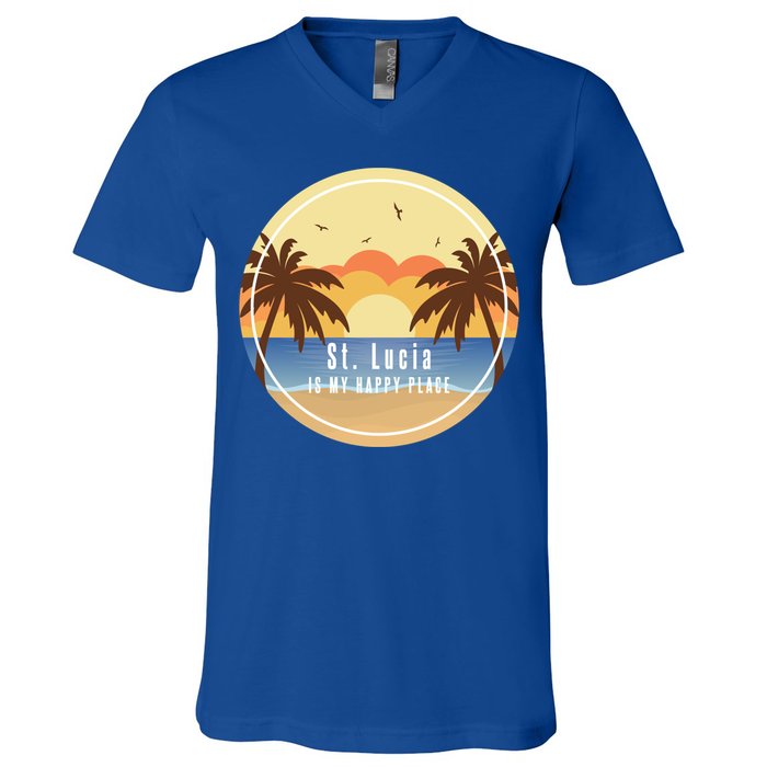 St Lucia Is My Happy Place Fun Beach Vacation Palm Trees Su Meaningful Gift V-Neck T-Shirt