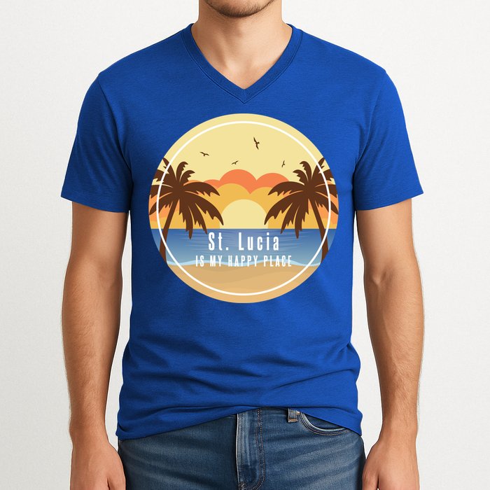 St Lucia Is My Happy Place Fun Beach Vacation Palm Trees Su Meaningful Gift V-Neck T-Shirt