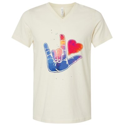 Sign Language I Love You T Space Stars Heart Tee Gift V-Neck T-Shirt