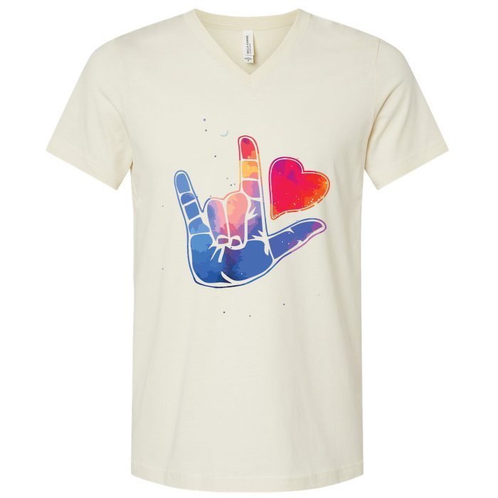 Sign Language I Love You T Space Stars Heart Tee Gift V-Neck T-Shirt