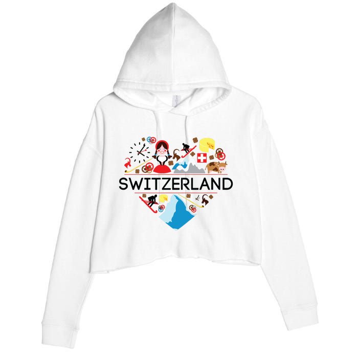 Switzerland Love Illustrated Swiss Symbol Alpine Crop Fleece Hoodie