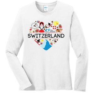 Switzerland Love Illustrated Swiss Symbol Alpine Ladies Long Sleeve Shirt