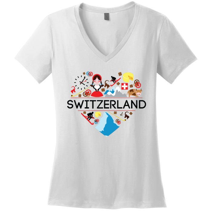 Switzerland Love Illustrated Swiss Symbol Alpine Women's V-Neck T-Shirt