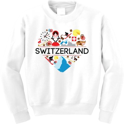 Switzerland Love Illustrated Swiss Symbol Alpine Kids Sweatshirt