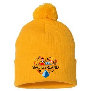 SWITZERLAND LOVE | | Illustrated Swiss Symbol, Alpine Pom Pom 12in Knit Beanie