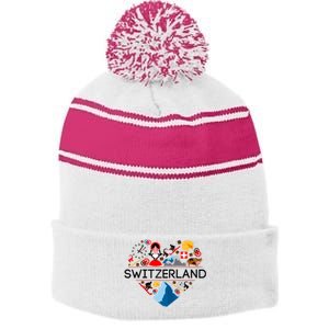 SWITZERLAND LOVE | | Illustrated Swiss Symbol, Alpine Stripe Pom Pom Beanie