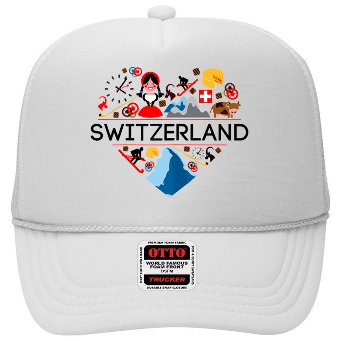 SWITZERLAND LOVE | | Illustrated Swiss Symbol, Alpine High Crown Mesh Back Trucker Hat