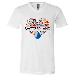 SWITZERLAND LOVE | | Illustrated Swiss Symbol, Alpine V-Neck T-Shirt