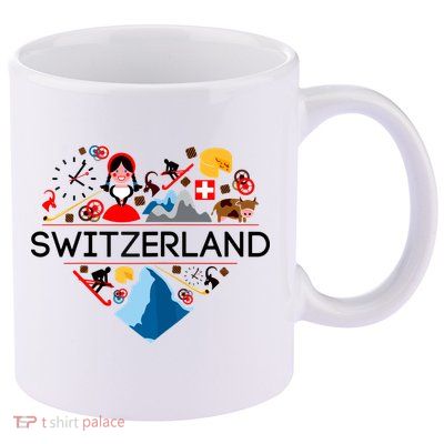 SWITZERLAND LOVE | | Illustrated Swiss Symbol, Alpine 11oz C Handle Ceramic Mug