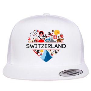 SWITZERLAND LOVE | | Illustrated Swiss Symbol, Alpine Flat Bill Trucker Hat