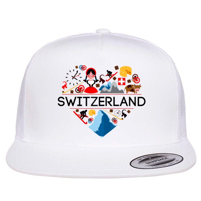 SWITZERLAND LOVE | | Illustrated Swiss Symbol, Alpine Flat Bill Trucker Hat