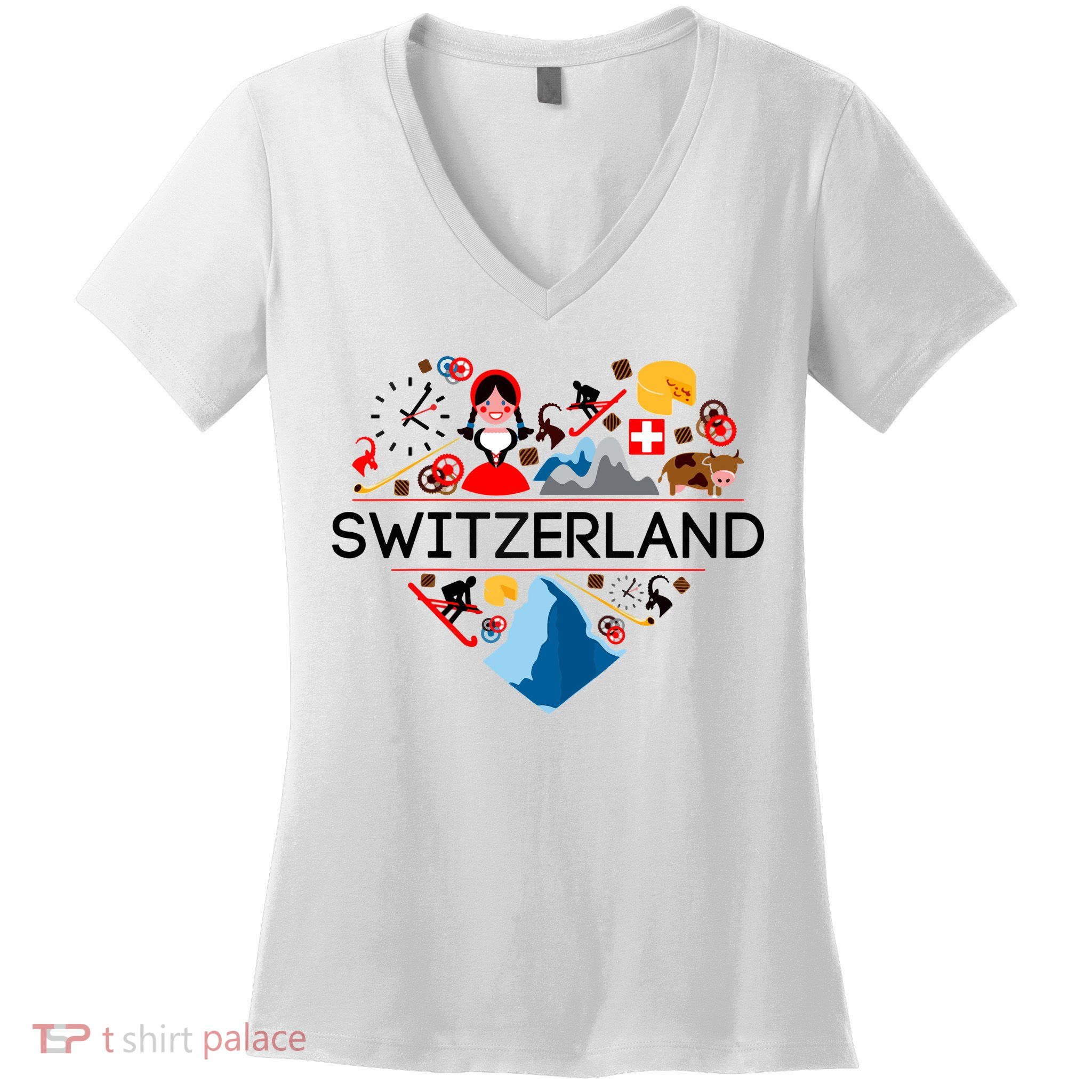 SWITZERLAND LOVE | | Illustrated Swiss Symbol, Alpine Women's V-Neck T-Shirt