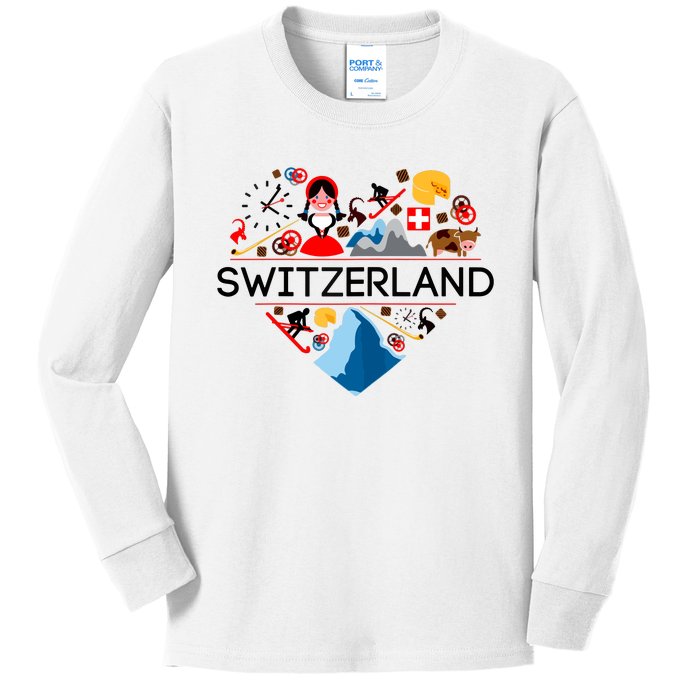 SWITZERLAND LOVE | | Illustrated Swiss Symbol, Alpine Kids Long Sleeve Shirt