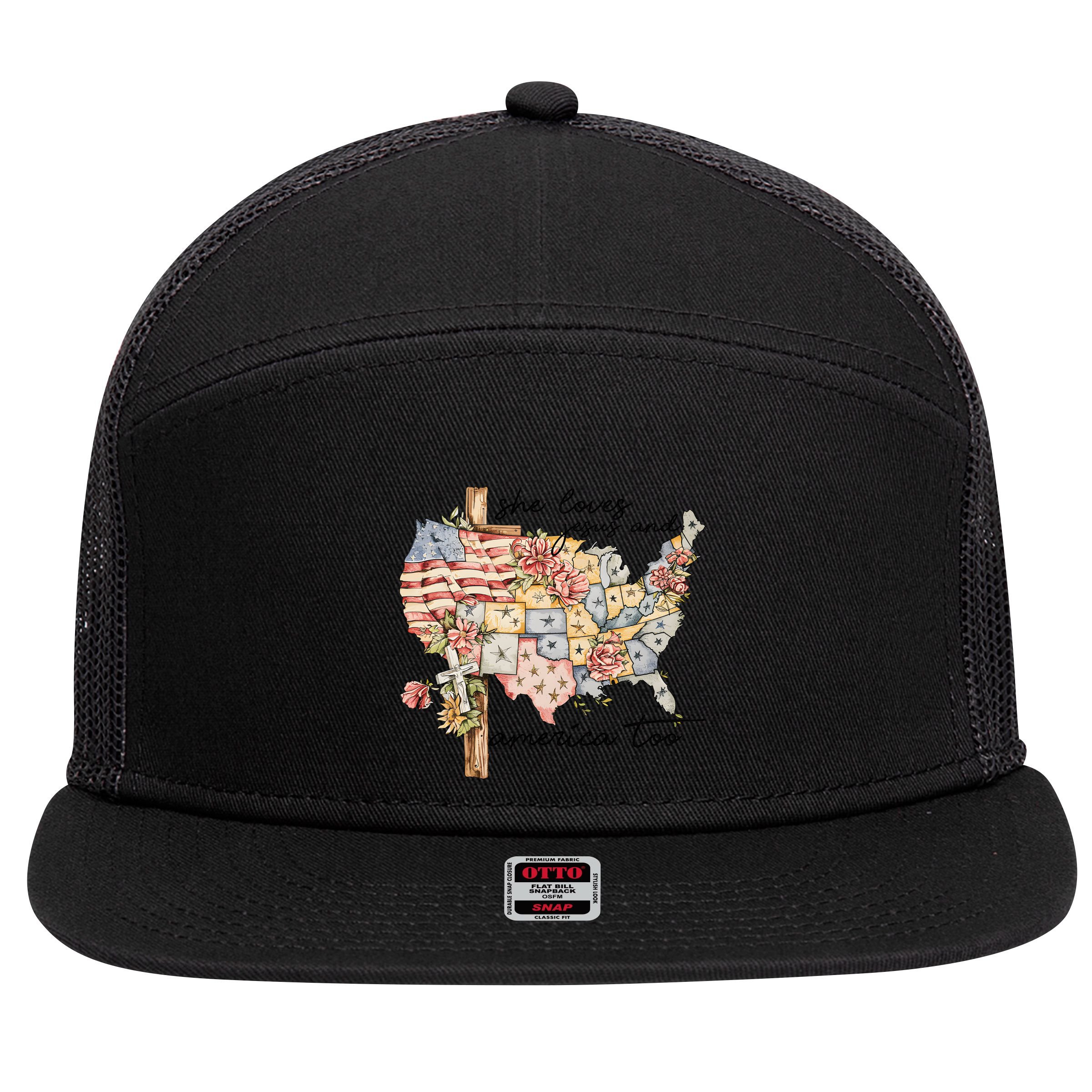 She Loves Jesus And America Too Usa Map 7 Panel Mesh Trucker Snapback Hat
