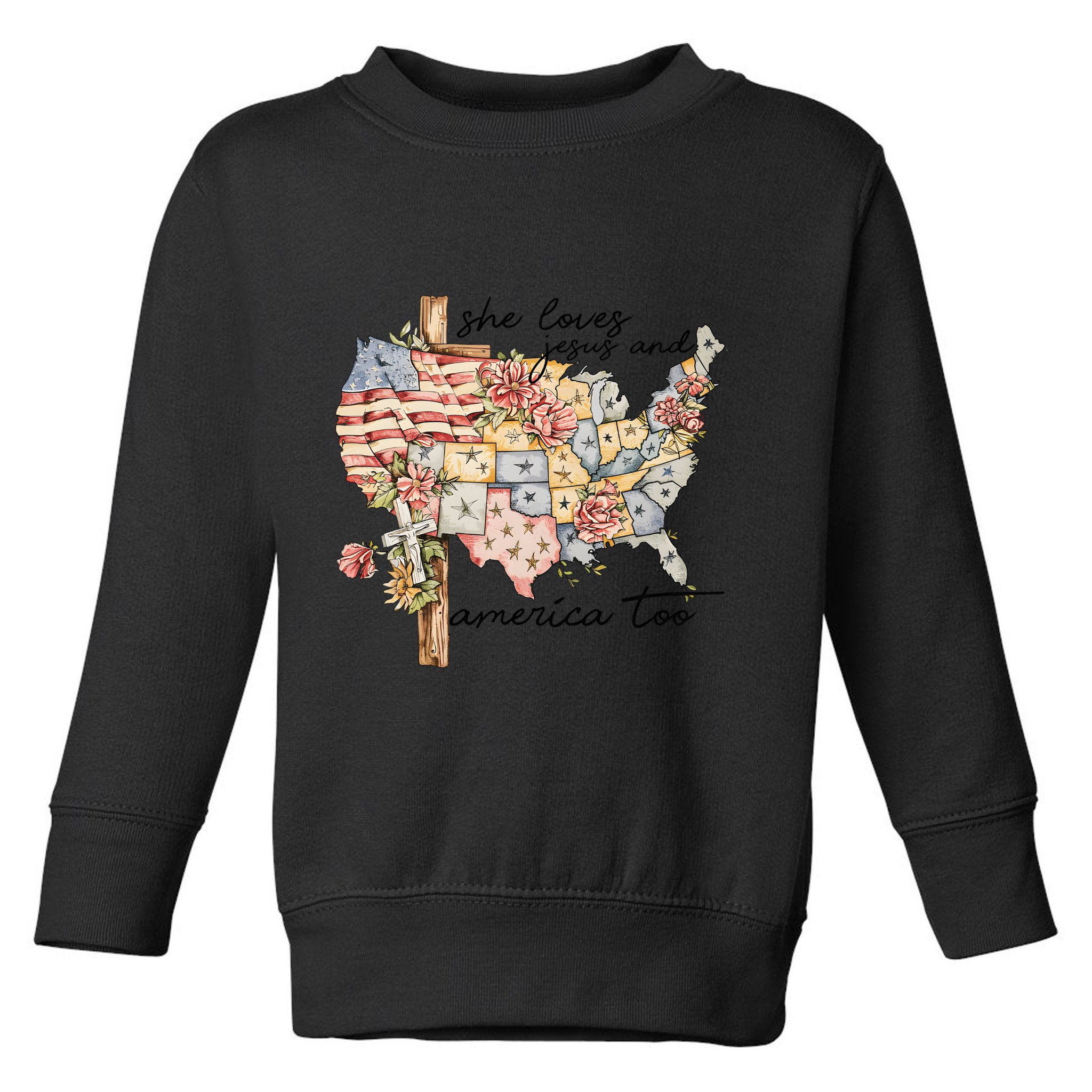 She Loves Jesus And America Too Usa Map Toddler Sweatshirt