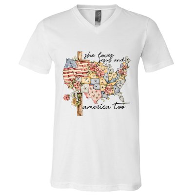 She Loves Jesus And America Too Usa Map V-Neck T-Shirt