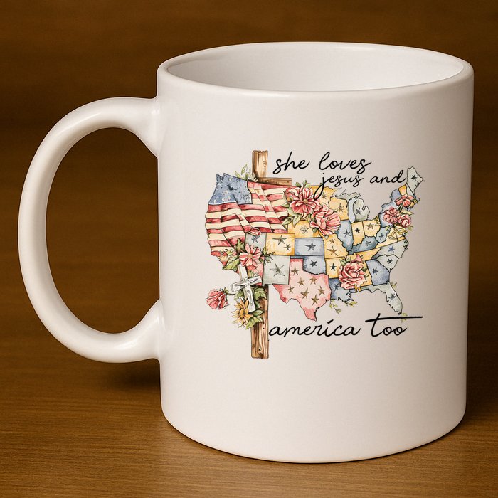 She Loves Jesus And America Too Usa Map 11oz C Handle Ceramic Mug