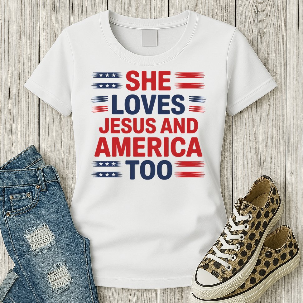 She Loves Jesus And America Too Womens T-Shirt