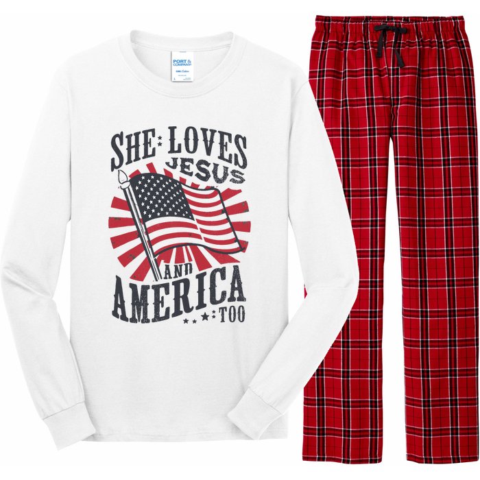 She Loves Jesus And America Too Flag Christian 4th Of July Long Sleeve Pajama Set