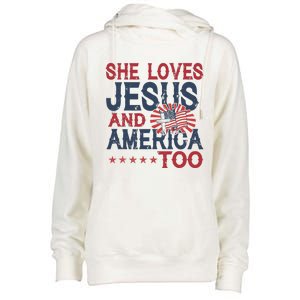 She Loves Jesus And America Too 4th Of July Patriotic Womens Funnel Neck Pullover Hood