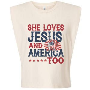 She Loves Jesus And America Too 4th Of July Patriotic Garment-Dyed Women's Muscle Tee