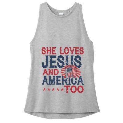 She Loves Jesus And America Too 4th Of July Patriotic Ladies PosiCharge Tri-Blend Wicking Tank