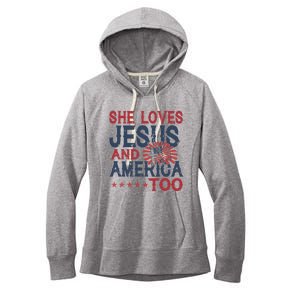 She Loves Jesus And America Too 4th Of July Patriotic Women's Fleece Hoodie