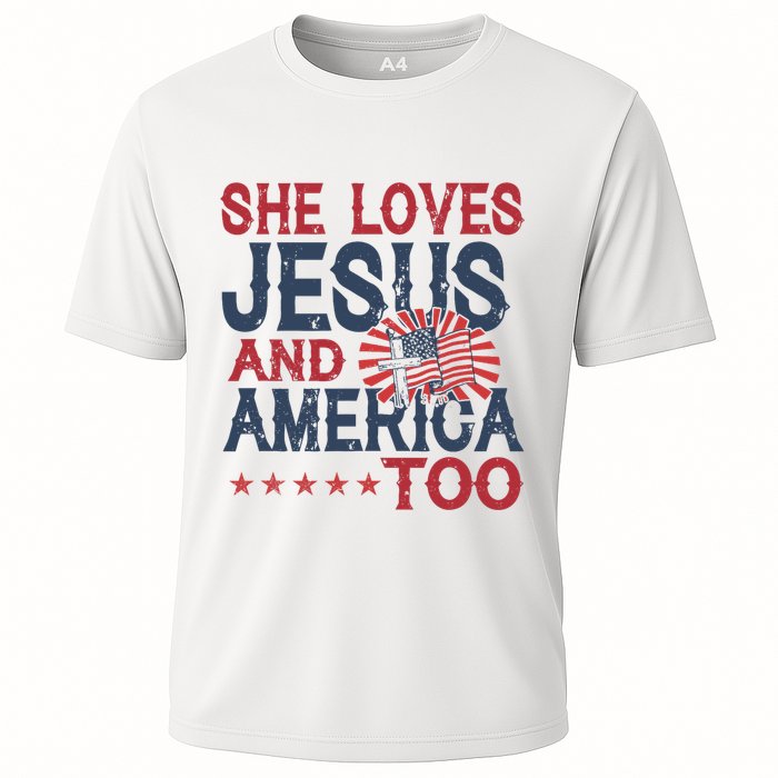 She Loves Jesus And America Too 4th Of July Patriotic Cooling Performance Crew T-Shirt
