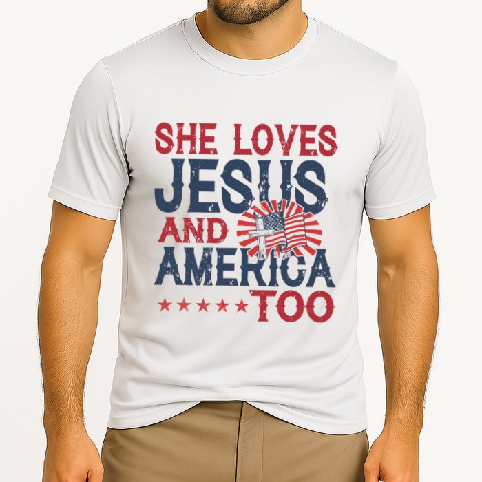 She Loves Jesus And America Too 4th Of July Patriotic Cooling Performance Crew T-Shirt
