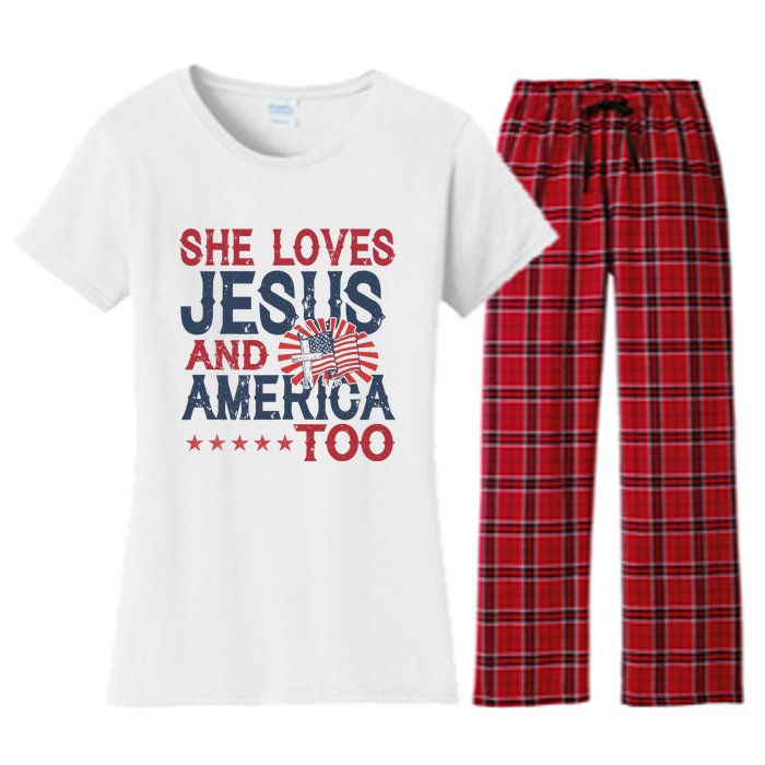 She Loves Jesus And America Too 4th Of July Patriotic Women's Flannel Pajama Set