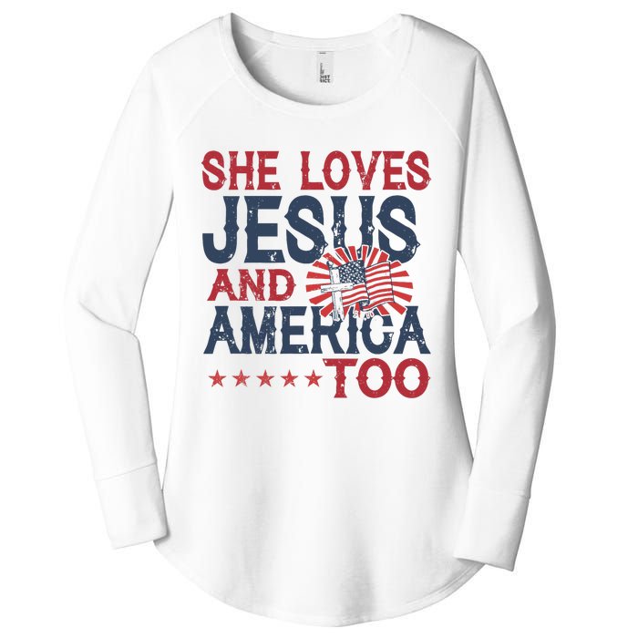 She Loves Jesus And America Too 4th Of July Patriotic Women's Perfect Tri Tunic Long Sleeve Shirt