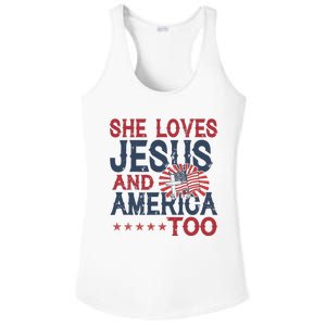 She Loves Jesus And America Too 4th Of July Patriotic Ladies PosiCharge Competitor Racerback Tank