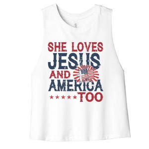 She Loves Jesus And America Too 4th Of July Patriotic Women's Racerback Cropped Tank