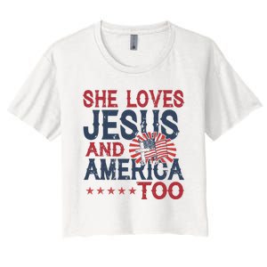 She Loves Jesus And America Too 4th Of July Patriotic Women's Crop Top Tee