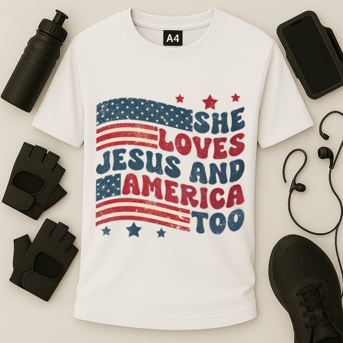 She Loves Jesus And America Too 4th Of July Cooling Performance Crew T-Shirt