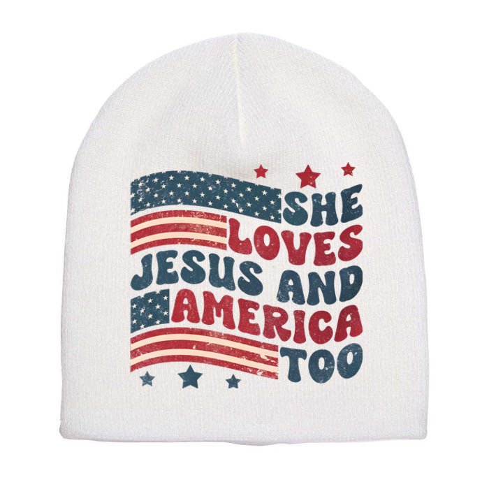 She Loves Jesus And America Too 4th Of July Short Acrylic Beanie