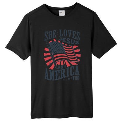 She Loves Jesus And America Too Tall Fusion ChromaSoft Performance T-Shirt