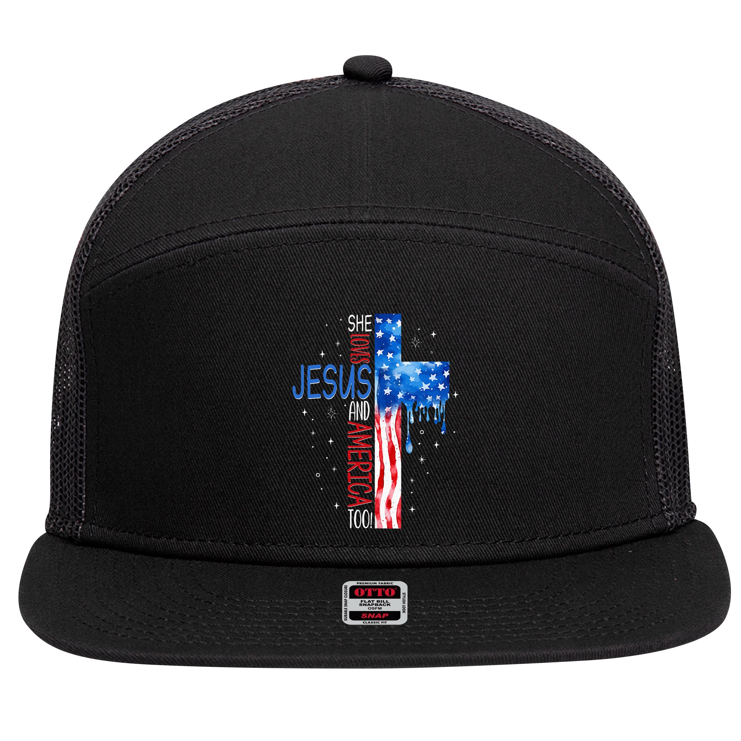 She Loves Jesus And America Too 7 Panel Mesh Trucker Snapback Hat