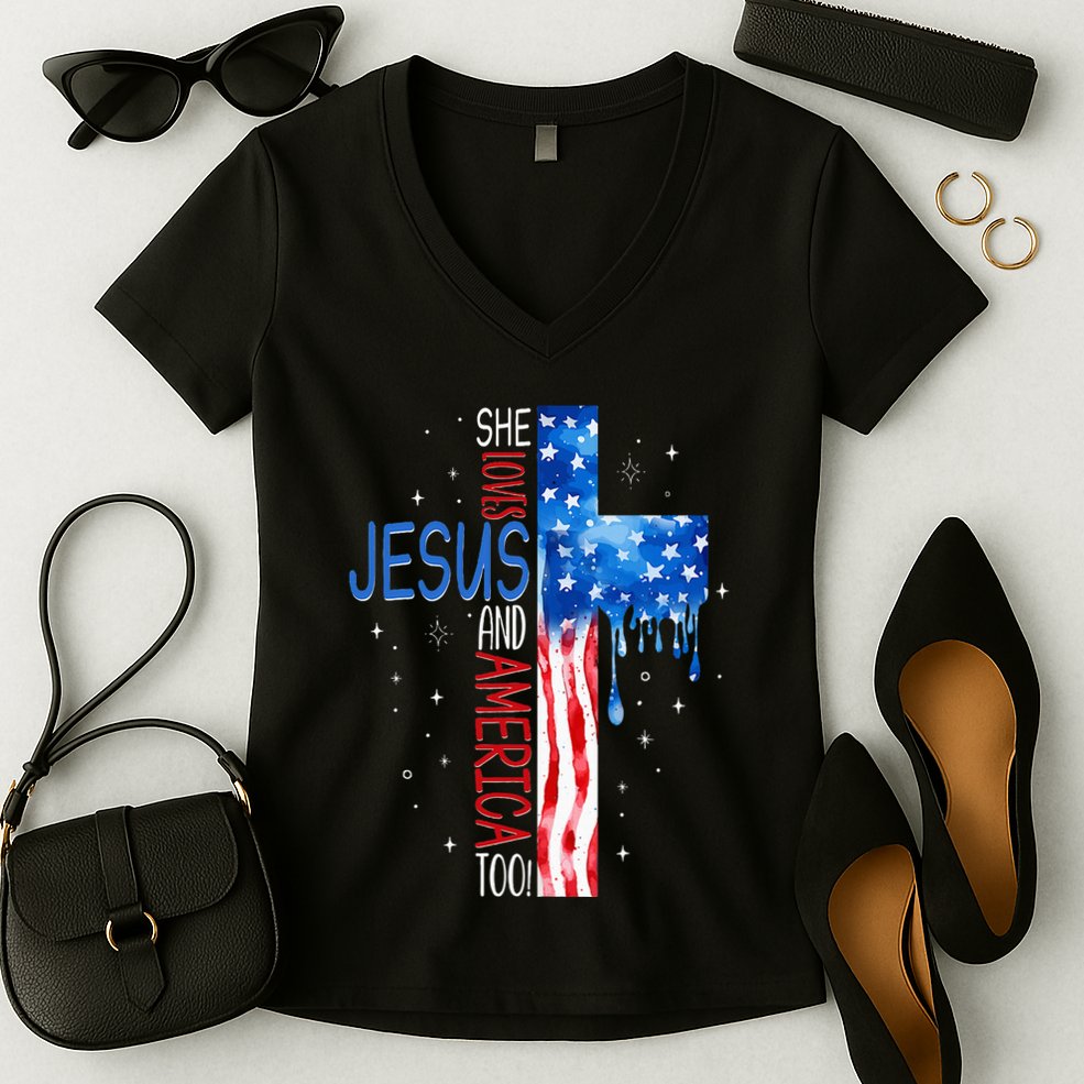 She Loves Jesus And America Too Women's V-Neck T-Shirt