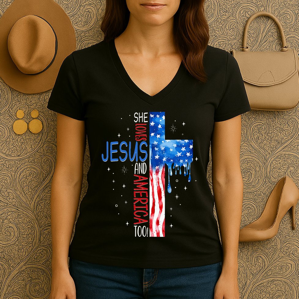 She Loves Jesus And America Too Women's V-Neck T-Shirt