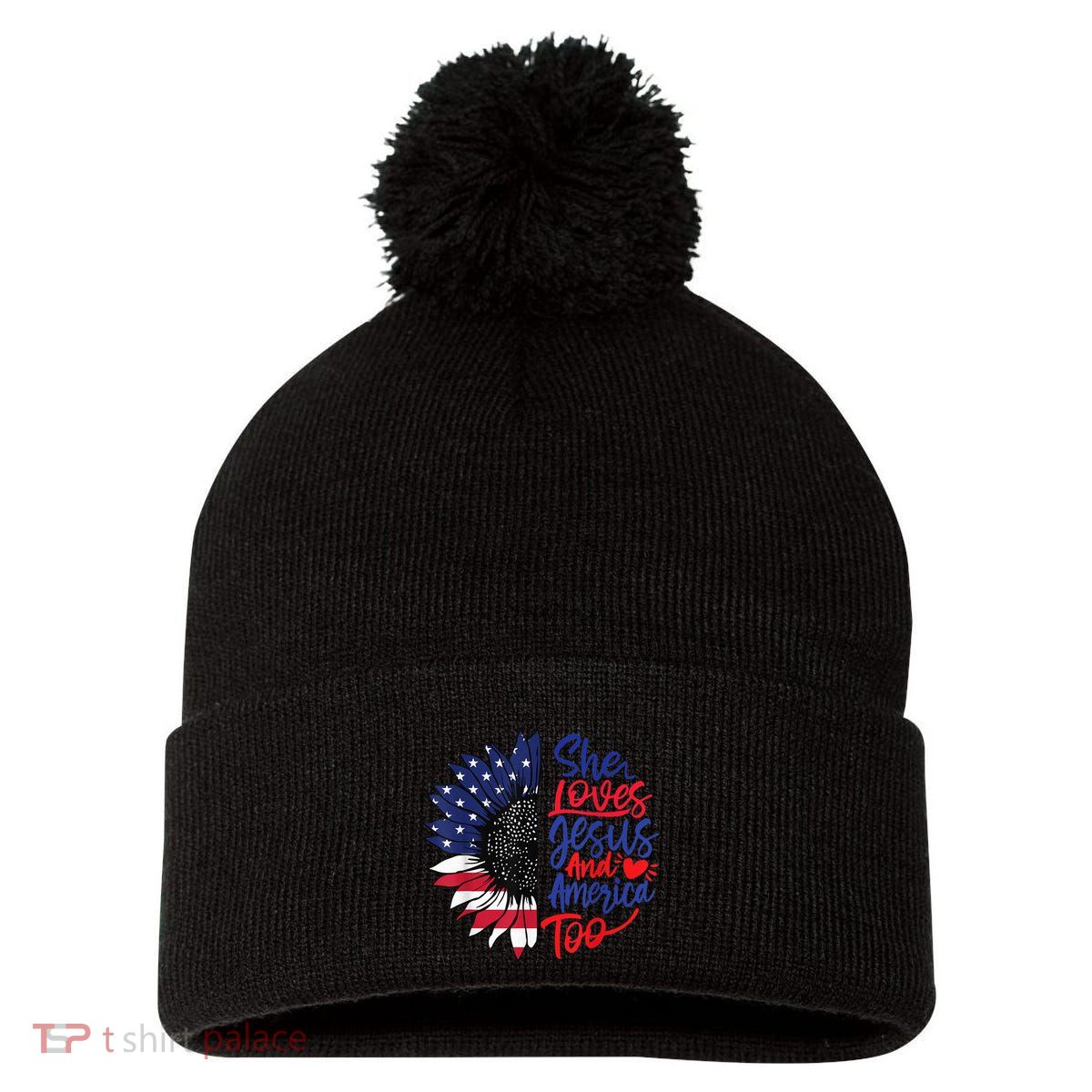 She Loves Jesus And America Too Pom Pom 12in Knit Beanie