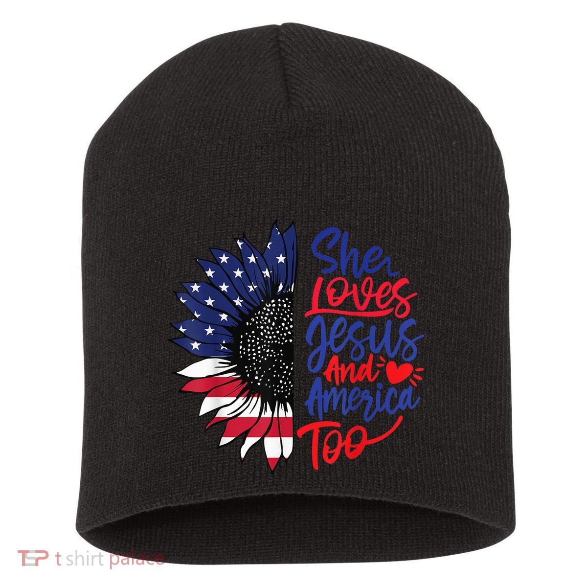 She Loves Jesus And America Too Short Acrylic Beanie