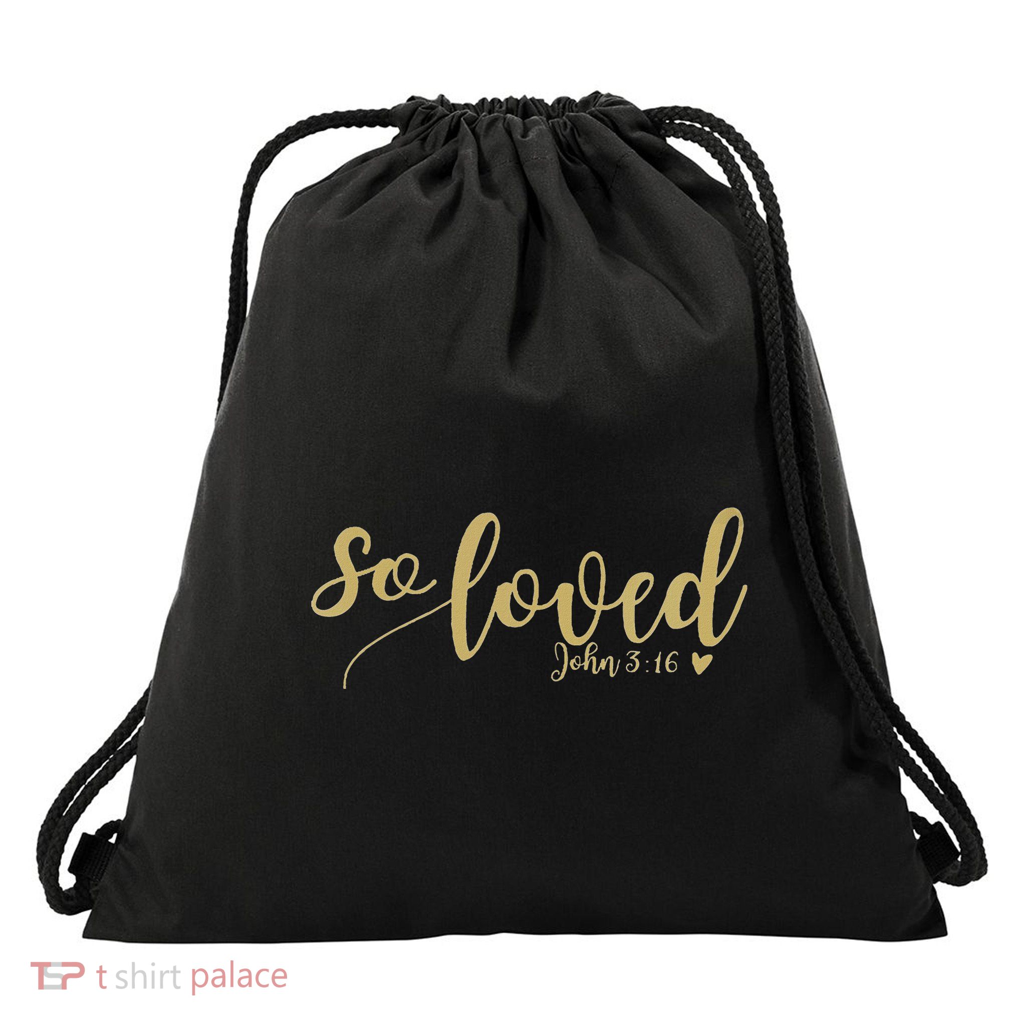 So Loved John 3 16 Gold Script Drawstring Bag