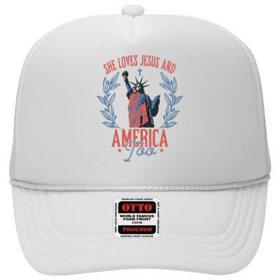 She Loves Jesus And America Too Statue Of Liberty 4th Of July High Crown Mesh Back Trucker Hat