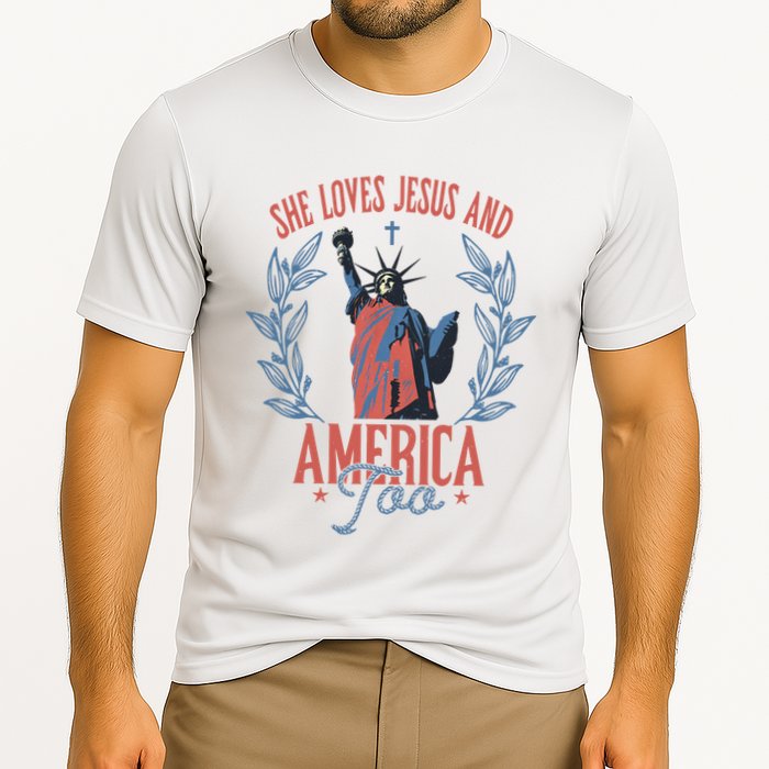 She Loves Jesus And America Too Statue Of Liberty 4th Of July Cooling Performance Crew T-Shirt