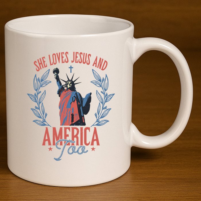 She Loves Jesus And America Too Statue Of Liberty 4th Of July 11oz C Handle Ceramic Mug