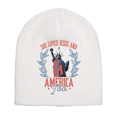She Loves Jesus And America Too Statue Of Liberty 4th Of July Short Acrylic Beanie