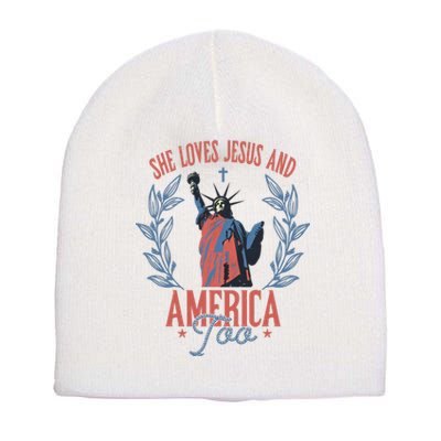 She Loves Jesus And America Too Statue Of Liberty 4th Of July Short Acrylic Beanie