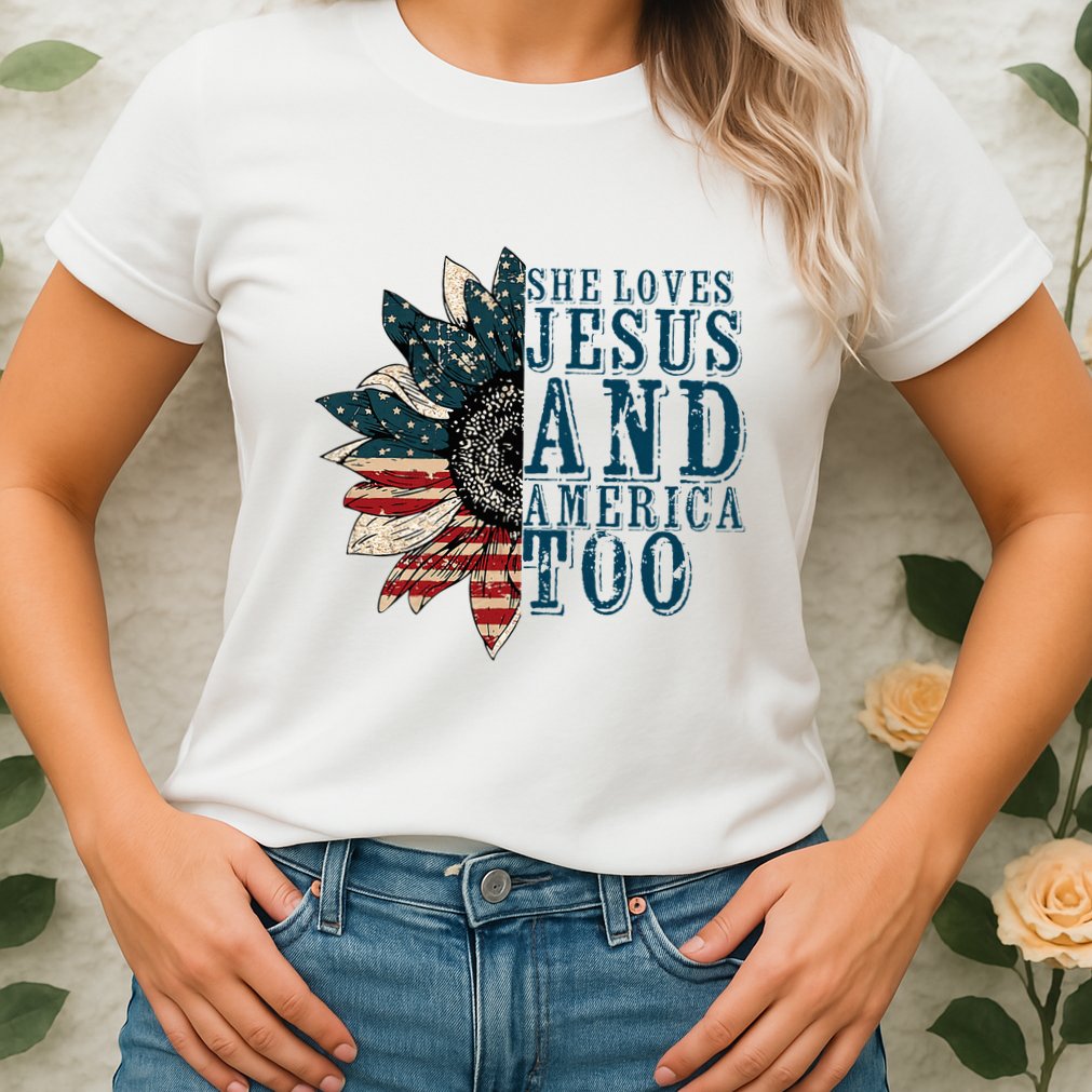 She Loves Jesus And America Too Womens T-Shirt