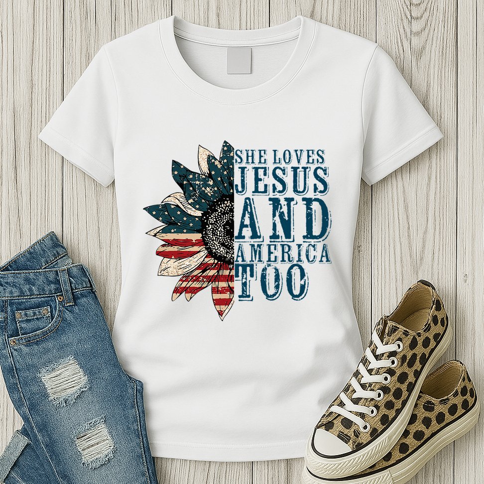 She Loves Jesus And America Too Womens T-Shirt